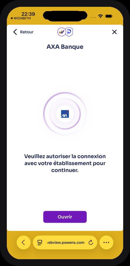 Écran d'autorisation de connexion Powens