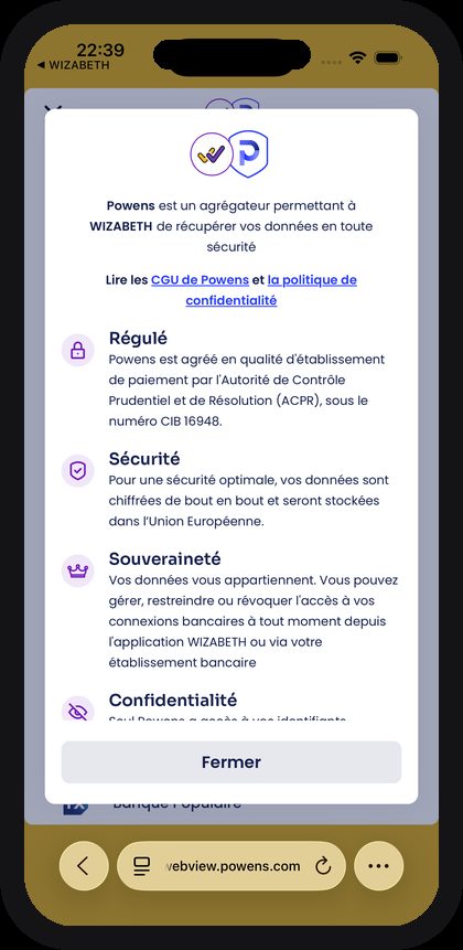 Écran de sécurité de la connexion Powens